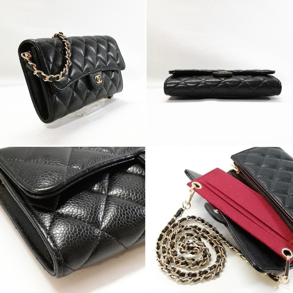 CHANEL Caviar Skin Matelasse Long Wallet Black Chain Shoulder